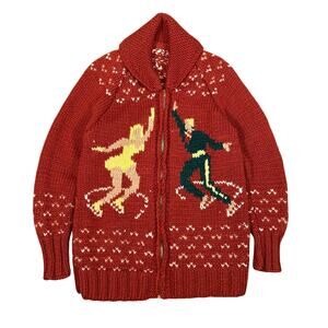 Vintage Cowichan Knit Ice Skating Cardigan Sweater Figure Skater Zip Up Red S